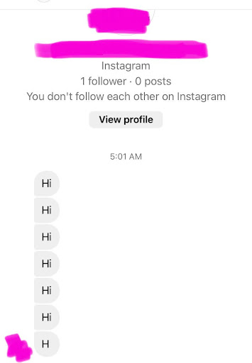 An account on instagram with 1 follower and zero posts DMs me “hi” seven times in a row
