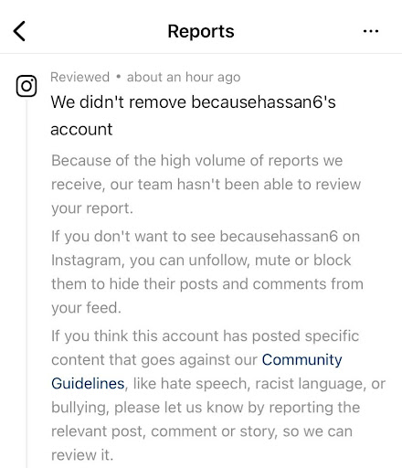 Reply from instagram on the dick pic I reported: We didn’t remove becuasehassan6’s account.