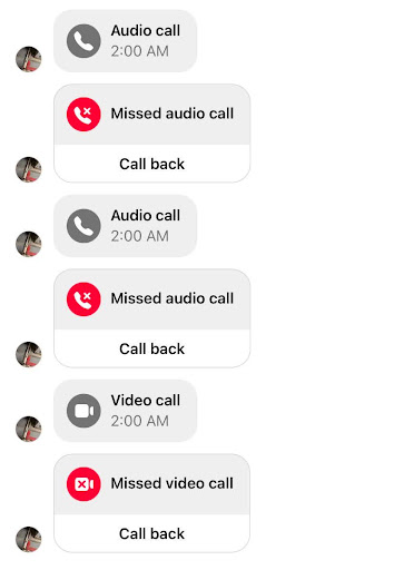 Notifications in my DMs: audio call at 2 am, missed audio call. Audio call at 2 am, missed audio call. Video call at 2 am, missed video call.