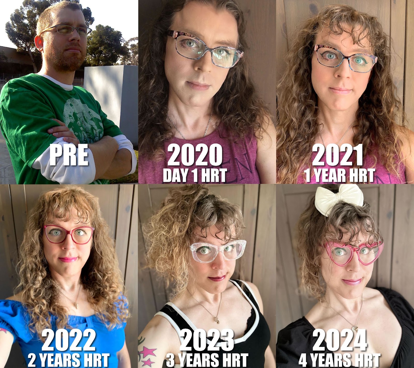 A timeline showing my transition progress from pre-transition, 2020 (when I came out and started HRT), 2021 (one year hrt), 2022 (two years hrt), 2023 (three years hrt), 2024 (four years hrt). You can see my face changing drastically through them, becoming rounder and softer over time. Also the life in my eyes goes from dead, to huh, to yay, to hooray, to OH MY GOD to CAN YOU EVEN BELIEVE THIS WHAT IS HAPPENING.