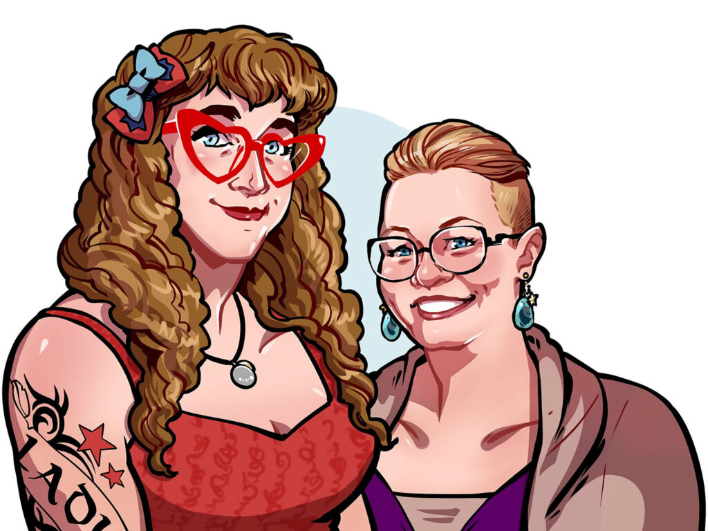 Art of me and my wife next to each other, smiling in our re-wedding dresses, by Ezekiel Strange.