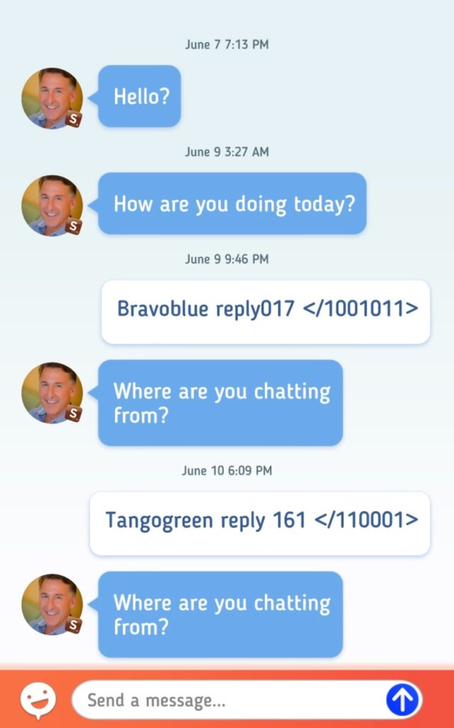 Chaser messages me: How are you doing today? My reply: Bravoblue reply017 </1001011>. Chaser: Where are you chatting from? My reply: Tangogreen reply 161 </110001>. Chaser: Where are you chatting from?
