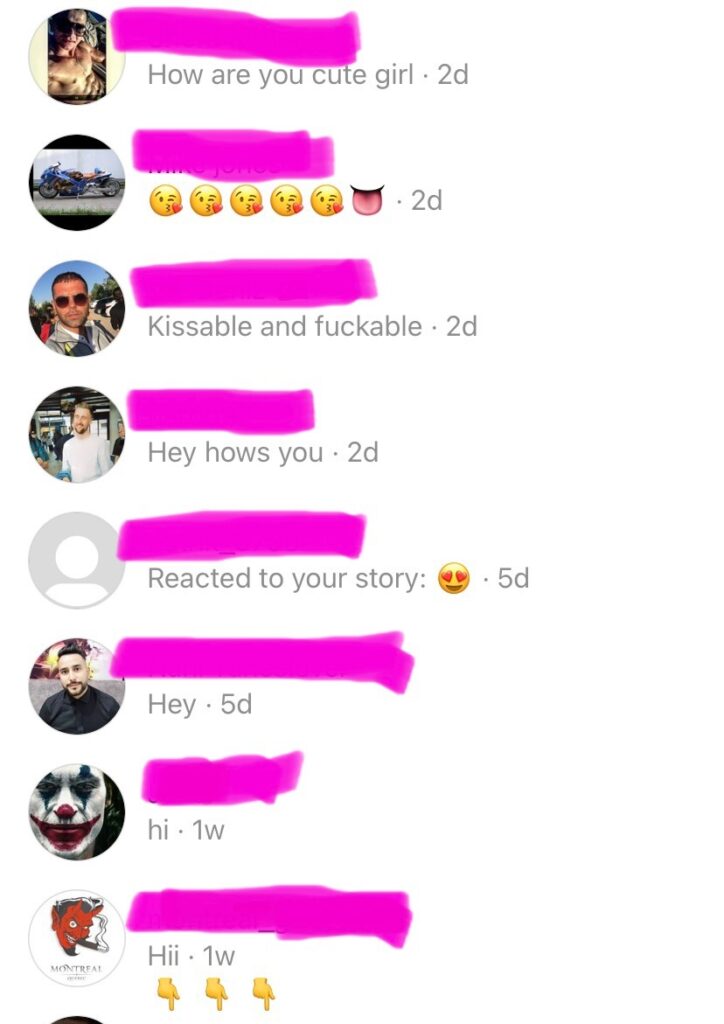 Responses, all from different accounts with names redacted, reading: how are you cute girl? [five kiss emoji, one tongue emoji], kissable and fuckable, hey hows you, heart eye emoji, hey, hi, hi
