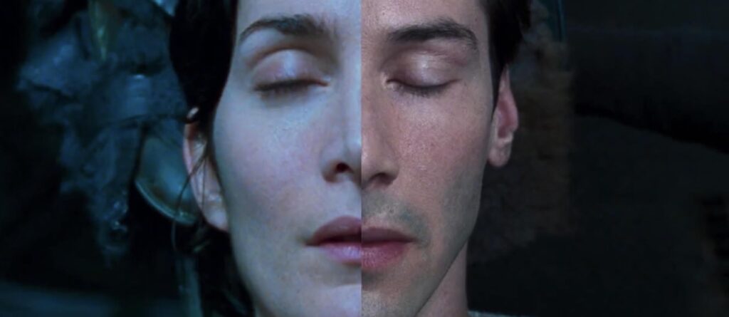 A screenshot that is half Trinity’s face, have Neo’s face.