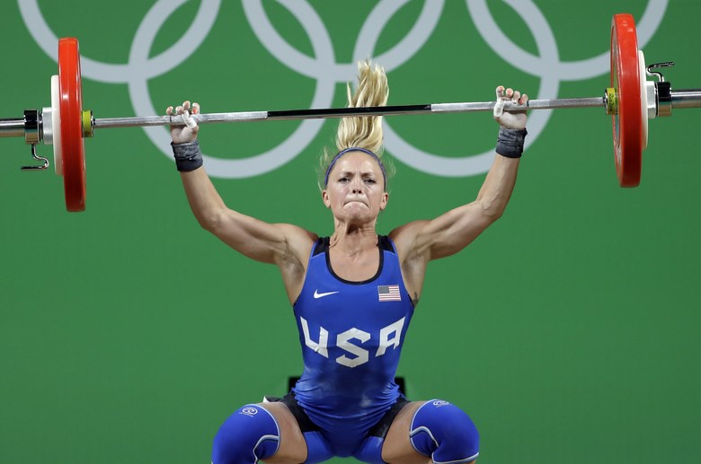 Morghan King competing in weightlifting for the USA in the Olympics