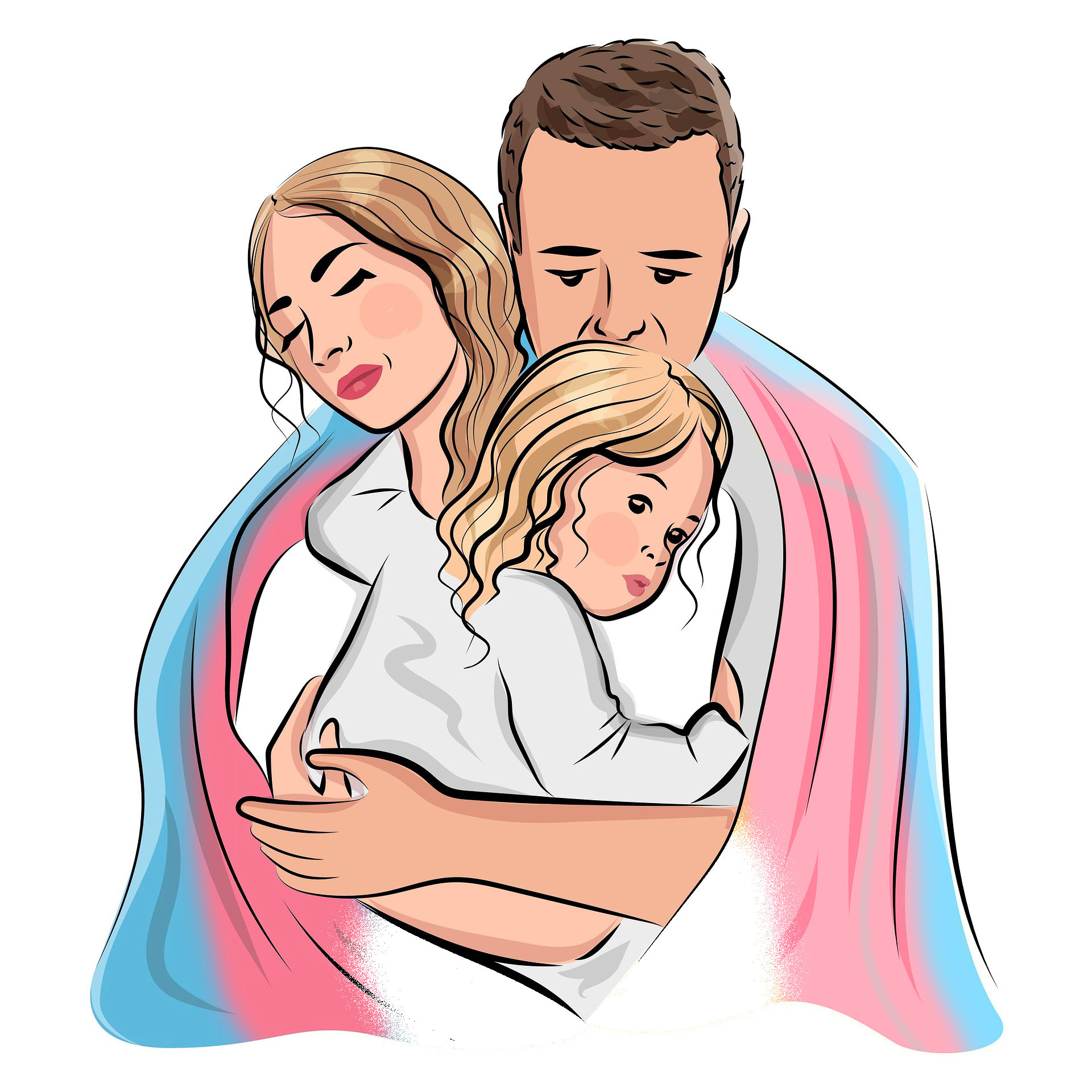 two parents, a man and a woman, holding a child in their arms, draped in a trans flag