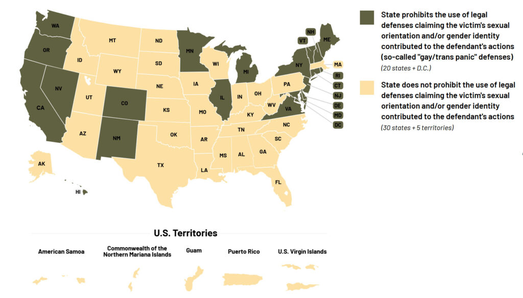 A map showing the 30 states and 5 US territories where the trans panic defense is legal