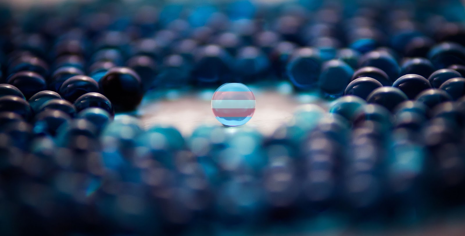 A photo of blue marbles in a circle around a single marble in the trans pride flag colors