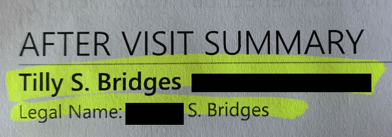 After Visit Summary - Tilly S. Bridges [id number blacked out], next line Legan Name: [blacked out] S. Bridges