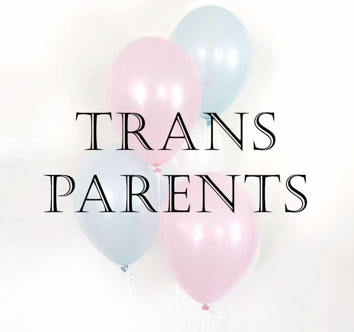 A photo of balloons in the trans pride flag colors, with “Trans Parents” in black text