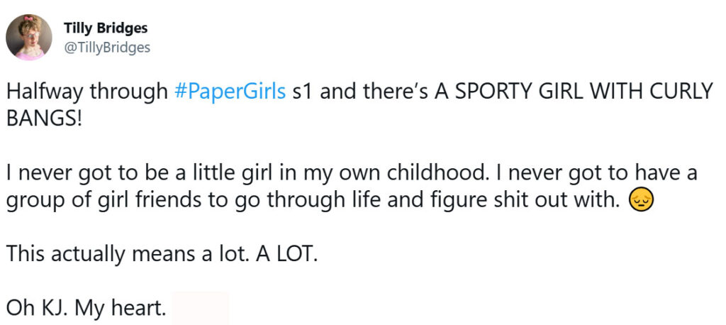 Halfway through #PaperGirls s1 and there’s A SPORTY GIRL WITH CURLY BANGS! I never got to be a little girl in my own childhood. I never got to have a group of girl friends to go through life and figure shit out with. (sad face emoji). This actually means a lot. A LOT. Oh KJ. Me heart.