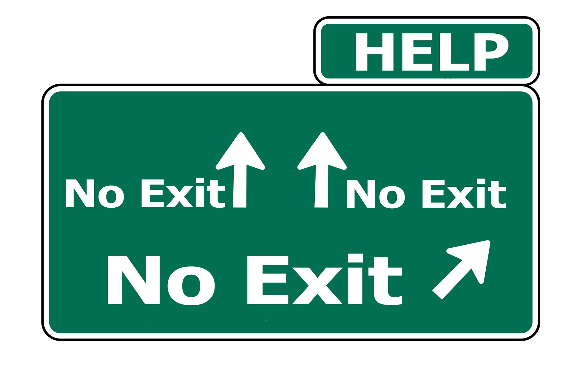 a street sign that shows no exit with arrows pointing to three directions, and a small sign added on top that says "help"
