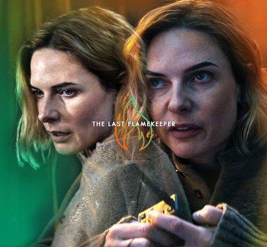 Animated gif of Juliet with text that says “the last flamekeeper” with a little animated fire outline