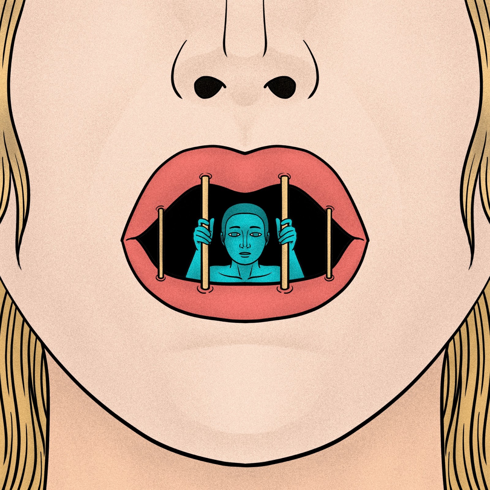 An illustration of a person’s nose and open mouth, but there are bars across the mouth like in a jail cell, and there is a person trapped inside. Art by CDD20 on Pixabay.