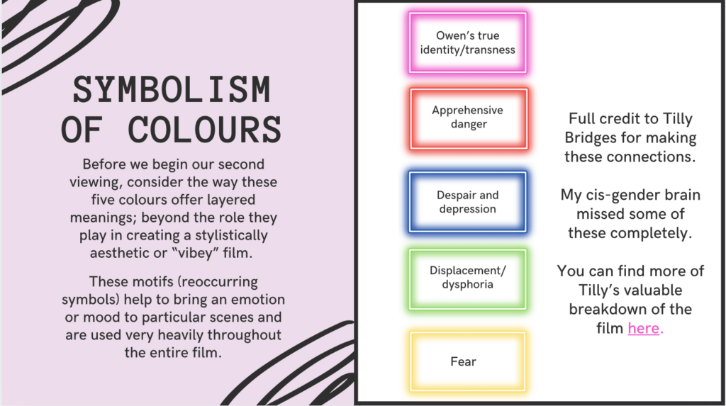 SYMBOLISM OF COLOURS
Before we begin our second viewing, consider the way these five colours offer layered meanings; beyond the role they play in creating a stylistically aesthetic or "vibey" film.
These motifs (reoccurring
symbols) help to bring an emotion or mood to particular scenes and are used very heavily throughout the entire film.
Pink: Owen's true
identity/transness
Red: Apprehensive danger
Blue: Despair and depression
Green: Displacement/ dysphoria
Yellow: Fear
Full credit to Tilly Bridges for making these connections.
My cis-gender brain missed some of these completely.
You can find more of
Tilly's valuable breakdown of the film here [link to my i saw the tv glow write up on tillystranstuesdays.com]