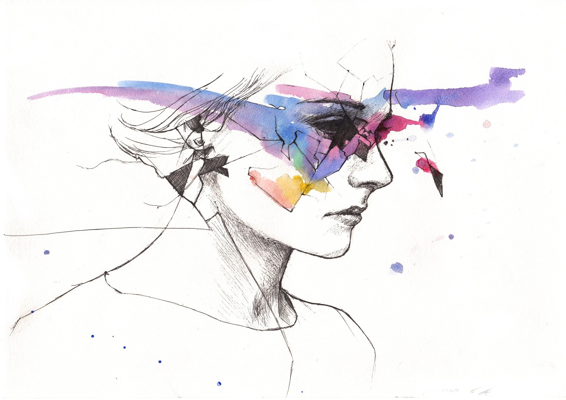 a woman's face with a sad expression, painted with brushstrokes in different color across her face