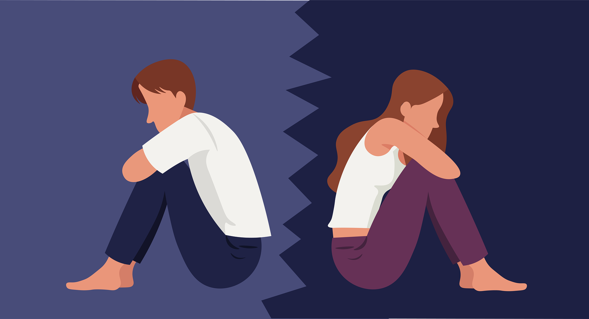line art of a boy and a girl sitting with their backs to each other, and the background between them looks torn