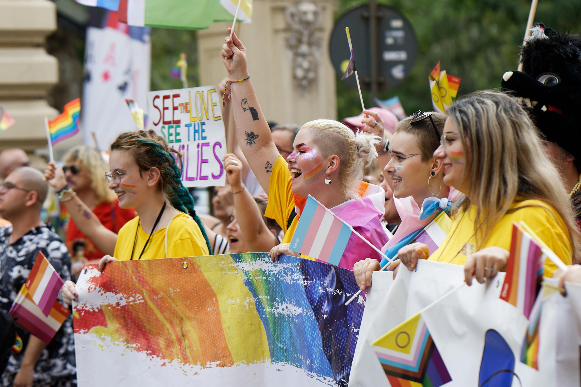 people watching a pride parade, holding and waving rainbow and trans pride flags