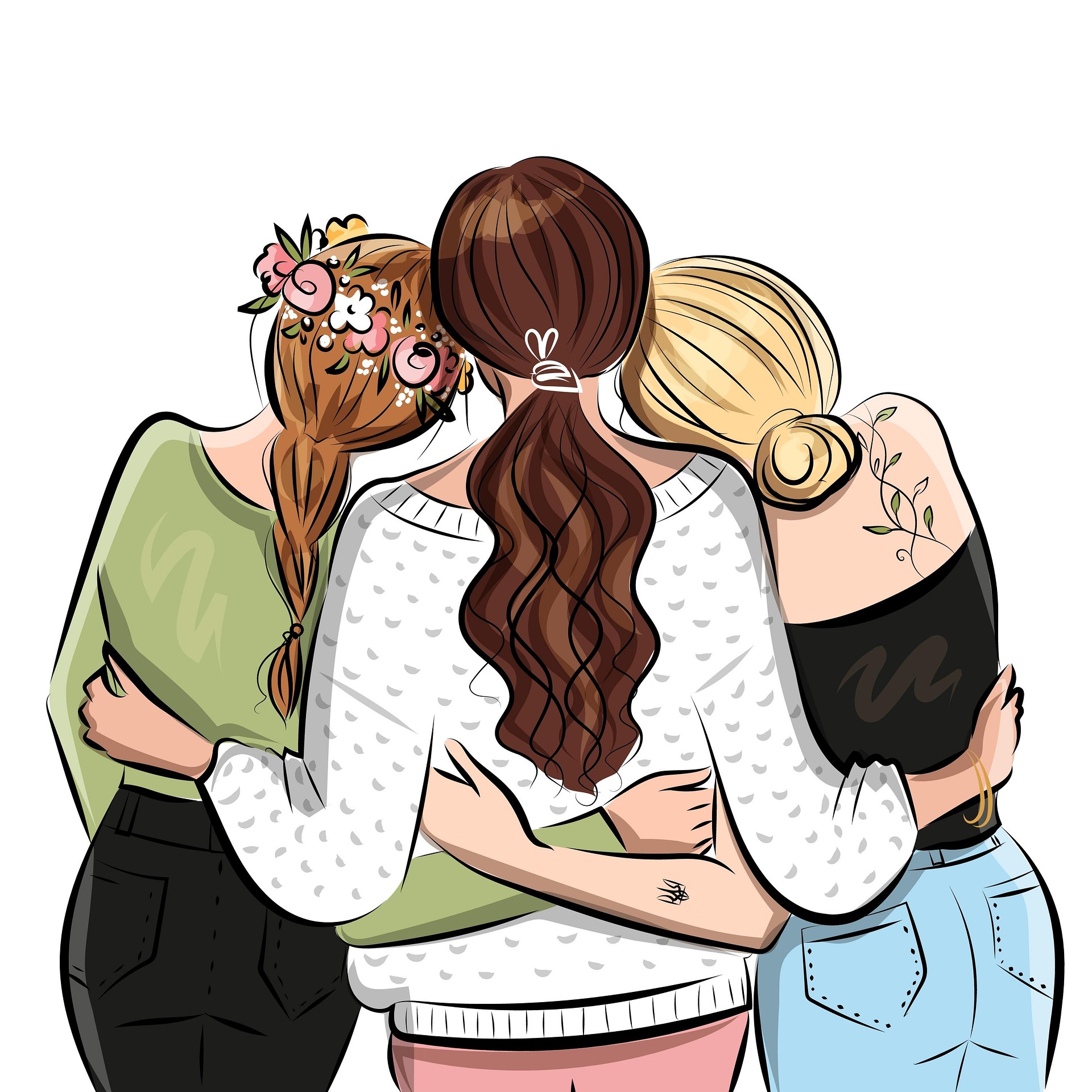 drawn art of three women with their arms around each other, as seen from the back