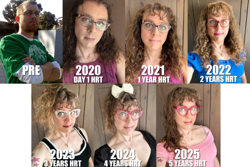 A timeline showing my transition progress from pre-transition, 2020 (when I came out and started HRT), 2021 (one year hrt), 2022 (two years hrt), 2023 (three years hrt), 2024 (four years hrt), 2025 (five years hrt). You can see my face changing drastically through them, becoming rounder and softer over time. Also the life in my eyes goes from dead, to huh, to yay, to hooray, to OH MY GOD to CAN YOU EVEN BELIEVE THIS WHAT IS HAPPENING.
