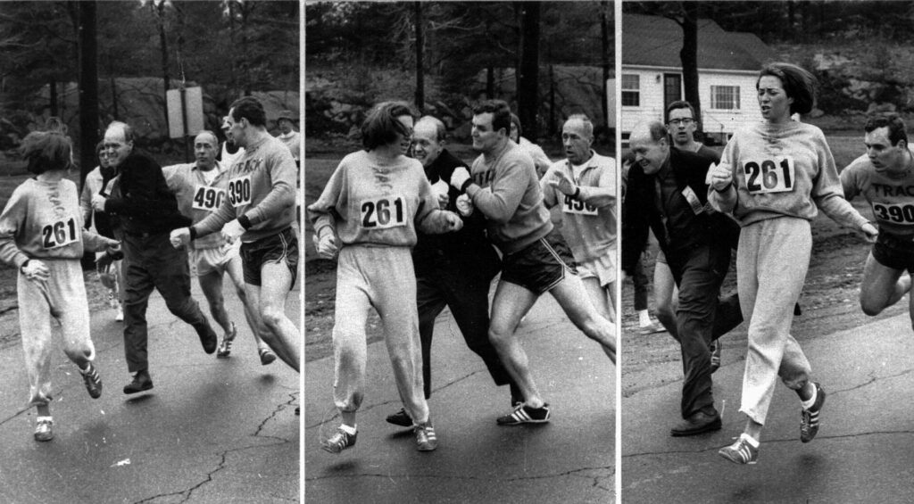 black and white photos of Katherine Switzer running in the Boston marathon as cis men competitors shove her and try to rip her number off