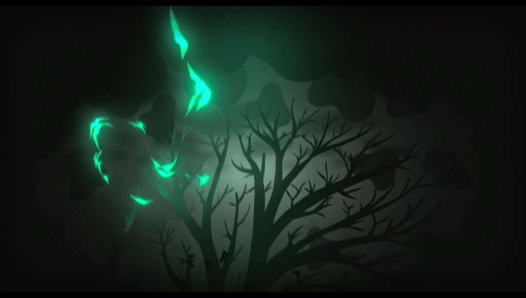 A bolt of green-blue lightning striking a tree in a simple animated style