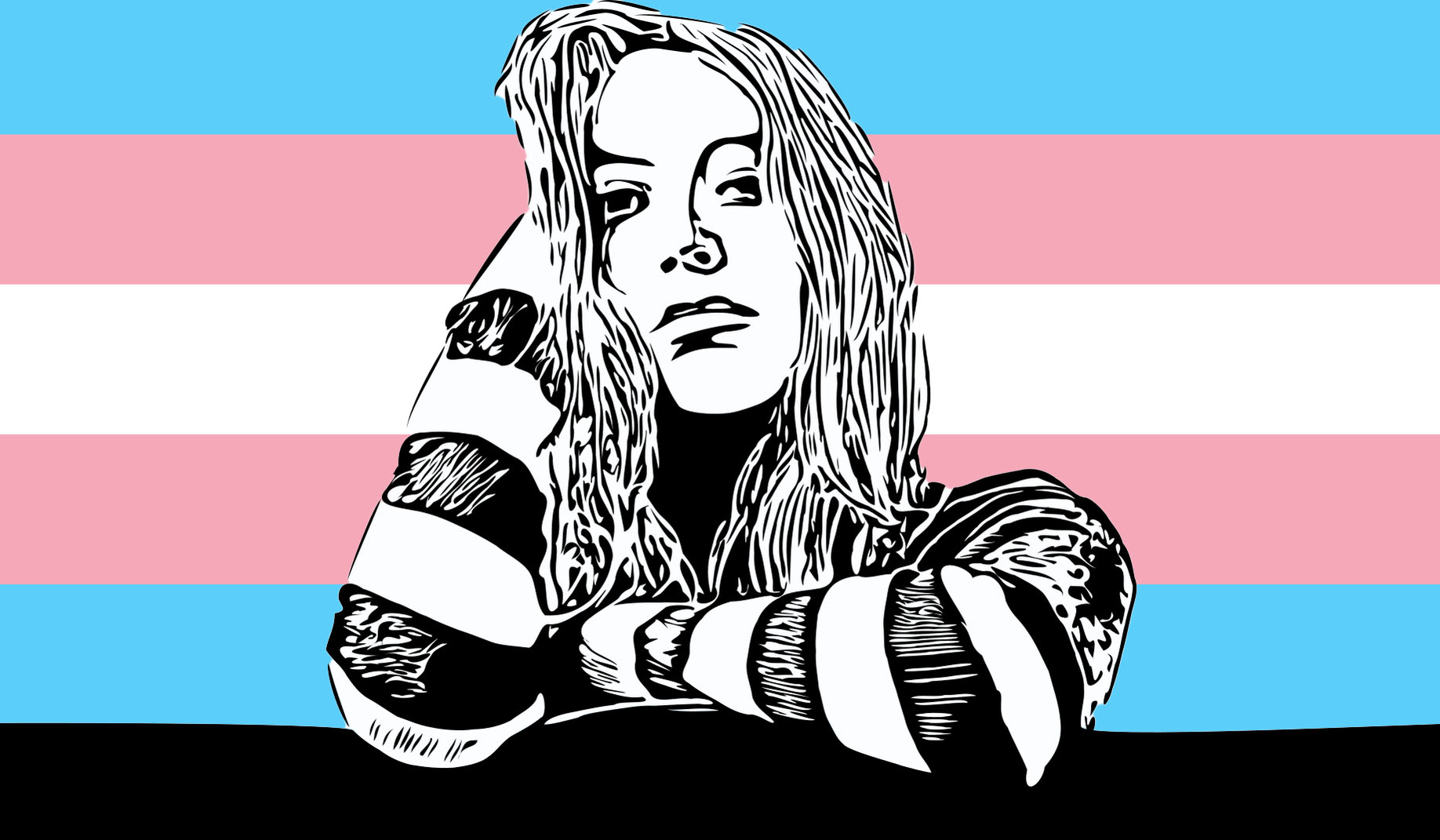 black and white line art of a woman with long hair and a stiped sweater in front of a trans flag