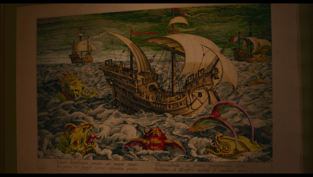 A framed painting of a yellow ship sailing on blue seas with red sea monsters all around, under a green-blue sky