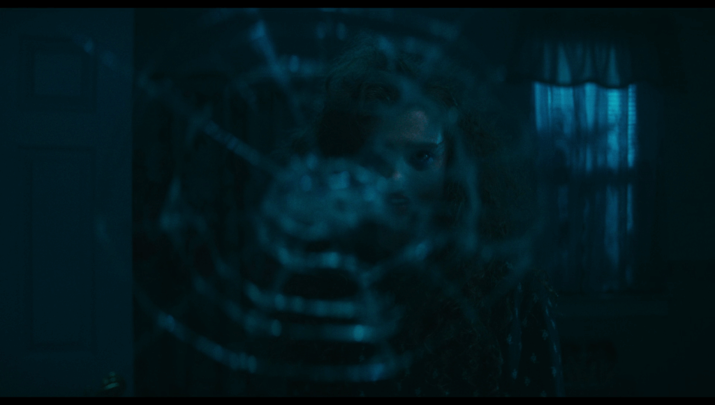 Lisa looks into the mirror she just smashed, her reflection is cracked and fractured.