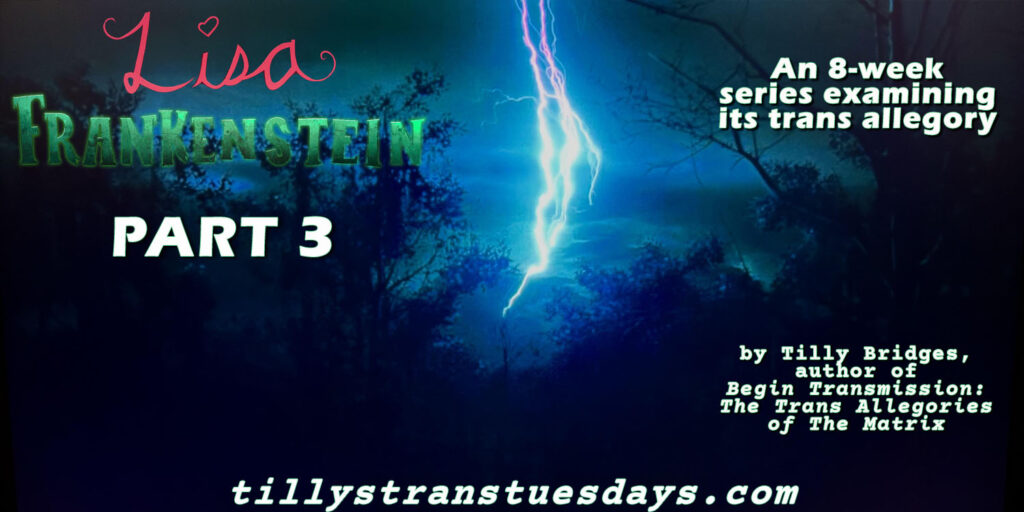 lisa frankenstein part 3, and 8-week series examining its trans allegory, by tilly bridges, author of begin transmission: the trans allegories of the matrix, at tillystranstuesdays.com, over a still from the film of pink, white, and blue lightning