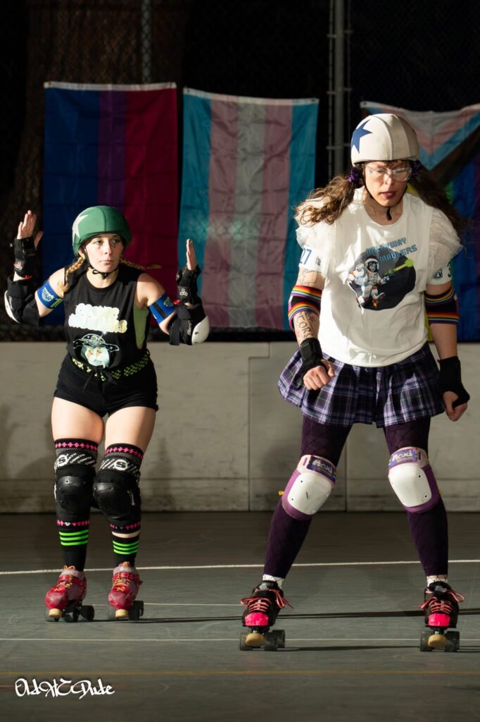 me jamming in a derby bout with the opposing team's jammer behind me, calling off the bout before i can score more points
