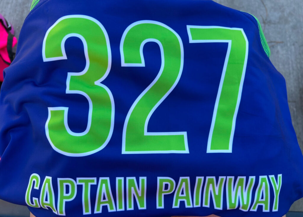 the back of my official SFVRD jersey that says 327 Captain Painway in blue, green, and white