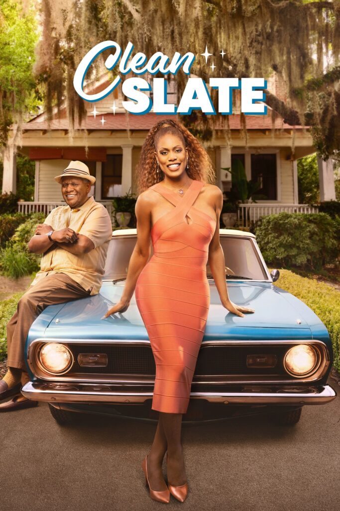 Laverne Cox and George Wallace leaning on a classic blue car in the drive in front of a house, with the Clean Slate logo