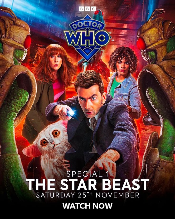 Doctor Who star beast poster, showing the Doctor, Donna, Rose, and a buncha aliens