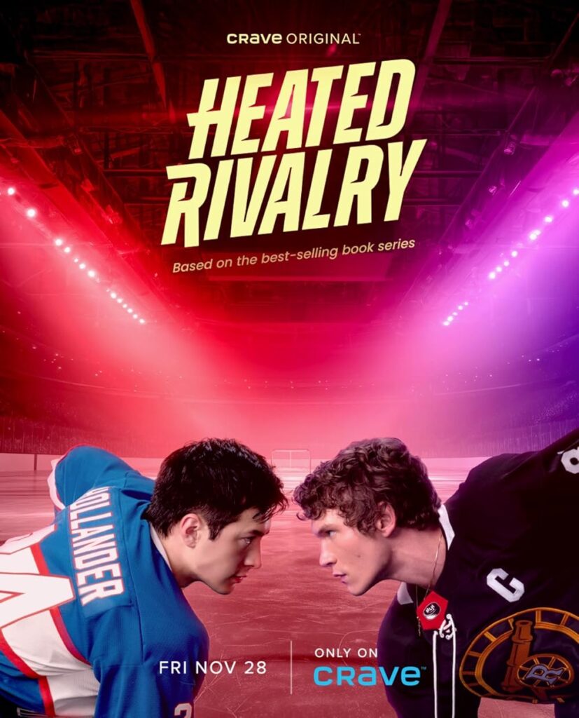 heated rivalry key art, showing Shane and Ilya facing off on the ice in hockey unifoms