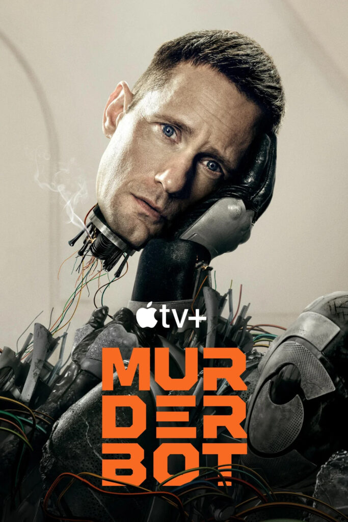 Murderbot poster showing Alexander Skarsgaard's disembodied head held up by a robot hand in the middle of a pile of robot parts