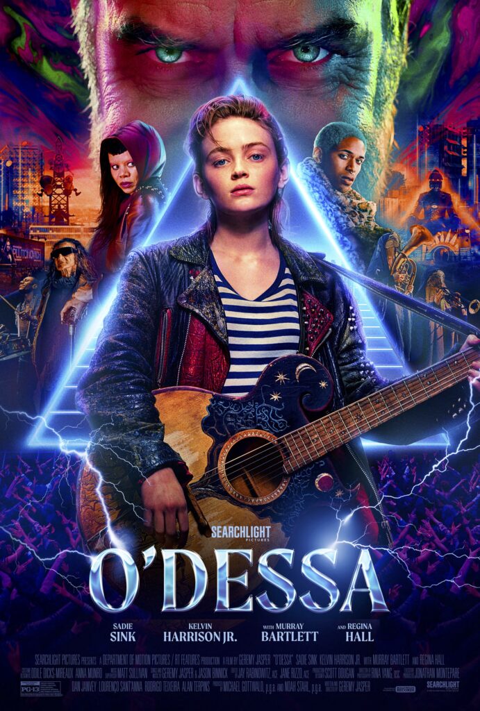 O'Dessa key art showing Sadie Sink with an elvis-like pompadour, in a leather jacket, holding a guidat with stars and moons on it, with the supporting cast in a neon sci-fi dystopia behind her