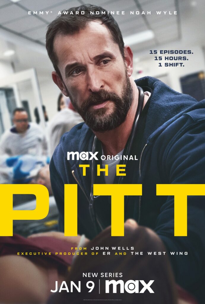 season 1 poster for the pitt, with a bearded noah wyle in a hoddie in a hospital emergency room