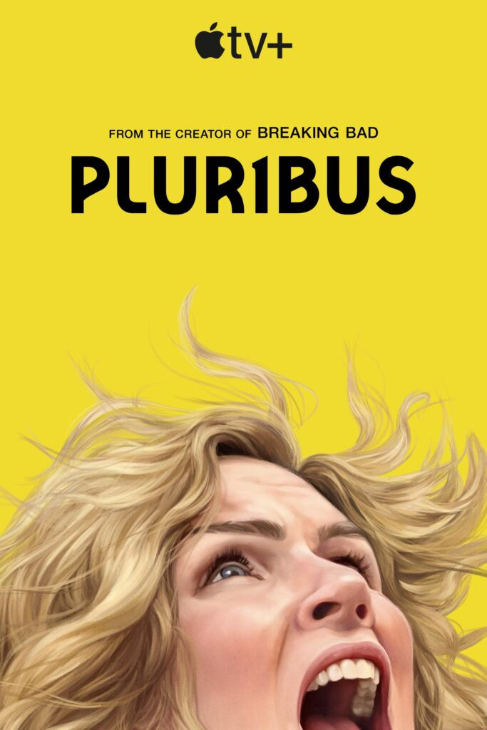 pluribus season 1 poster, with rhea seehorn's head on the bottom, looking up and screaming, against a yellow background
