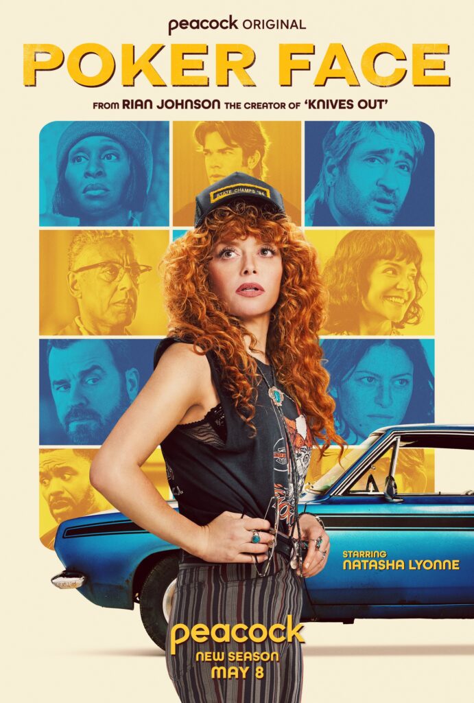 poker face s2 poster with natasha lyonne standing in front of the show's signature blue car, with alternating yellow and blue squares with faces of the season's guest stars in the background