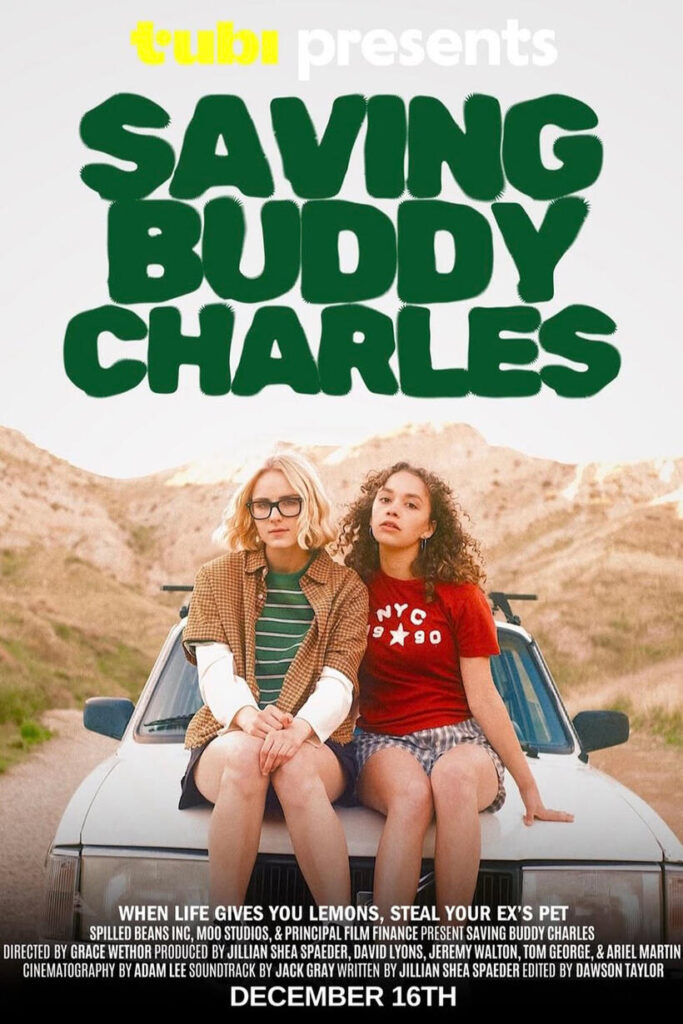 Saving Buddy Charles key art, showing the two leads sitting on the hood of a car on a road surrounded by deserty mountains