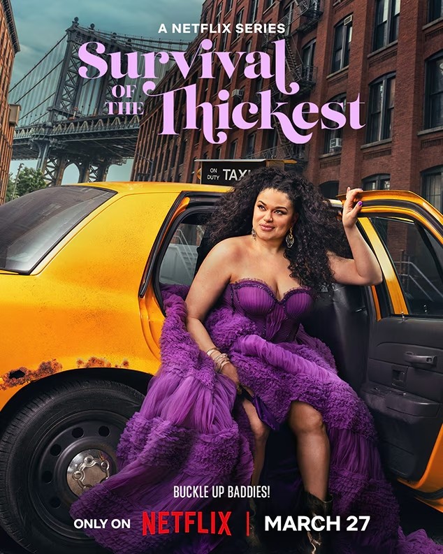survival of the thickest key art, showing Mavis getting out of a taxi in new york city while wearing a fancy purple dress