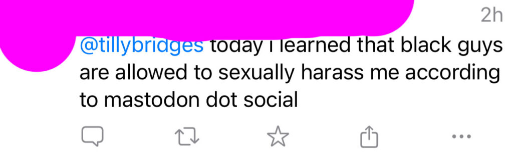 A reply someone sent me on mastodon that reads: today i learned that black guys are allowed to sexually harass me according to mastodon dot social