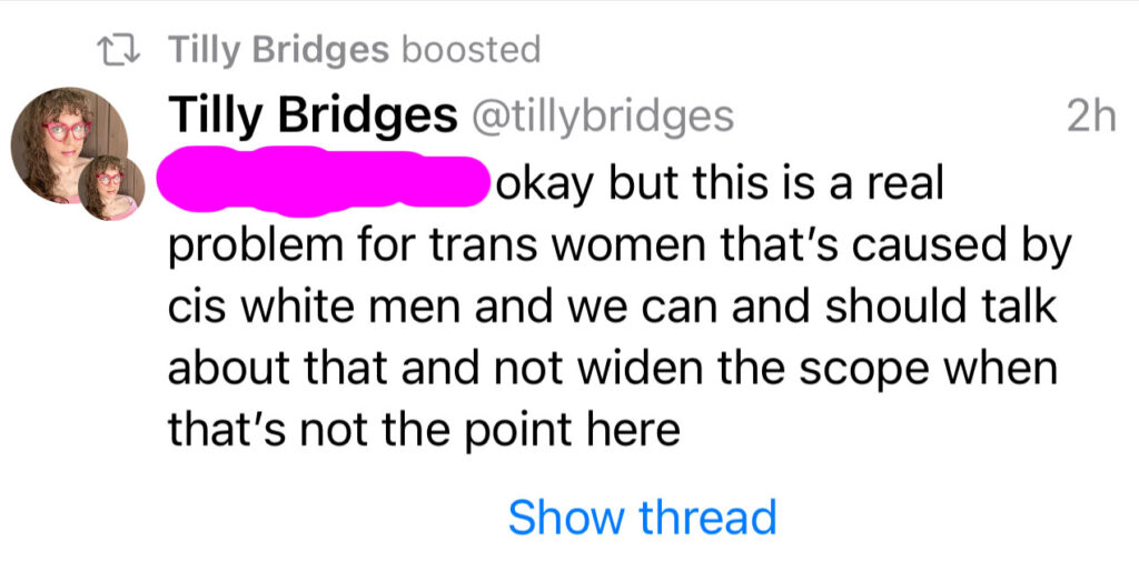 My reply on mastodon: okay but this is a real problem for trans women that’s caused by cis white men and we can and should talk about that and not widen the scope when that’s not the point here.