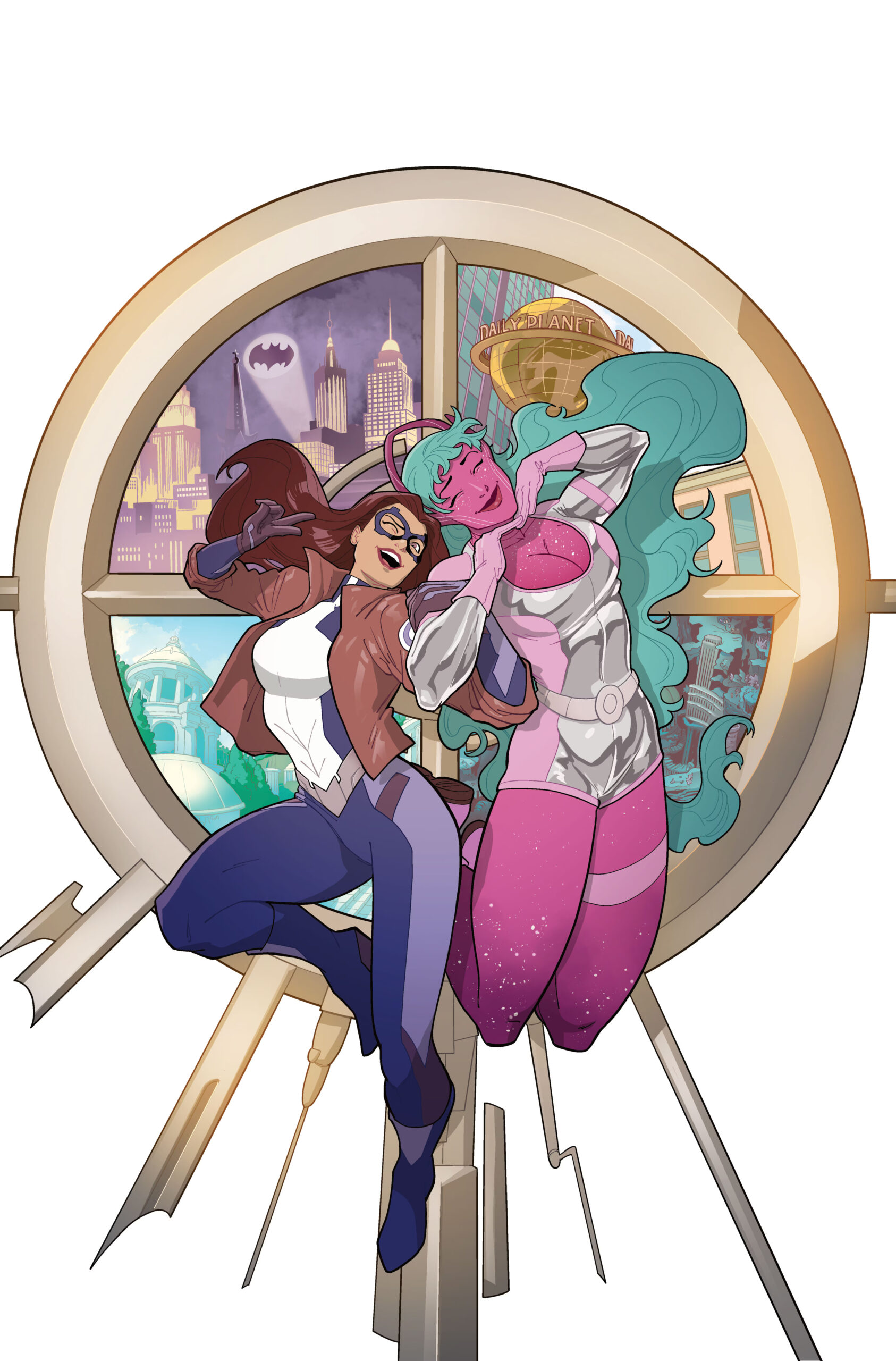 Comic art of Dreamer and Galaxy, the cover of issue 1 of Dream Girls. Dreamer and Galaxy are back to back and smiling joyously in front of a circular window divided into quarters, with each section showing a different location from the DC universe, including Metropolis, Gotham City, and Themyscira