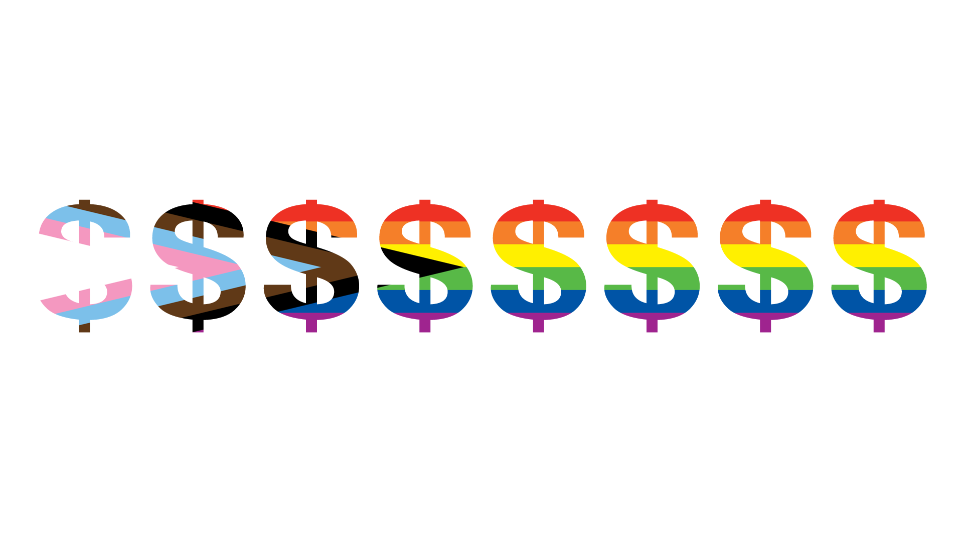 a row of dollar sign symbols in the progress pride flag colors