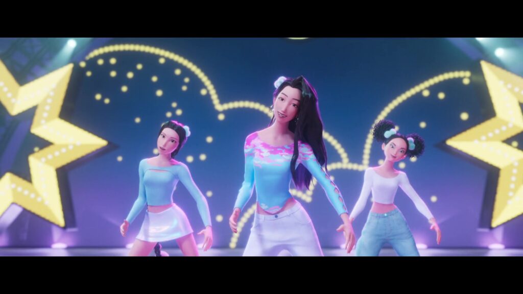 the Sunlight Sisters, previous hunters that included Rumi's mom, in white, pink, and blue costumes and lighting