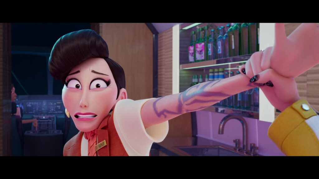 the flight attendant with purple, jagged tattoo-like designs on her arm