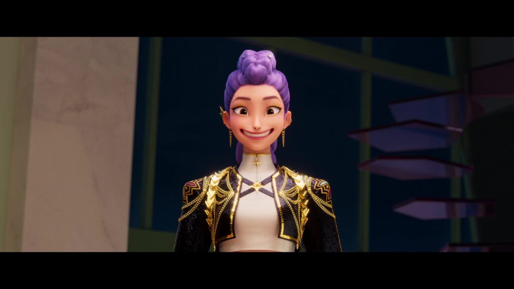 Rumi in her "Golden" costume, a black jacket with fancy gold trim over a white top