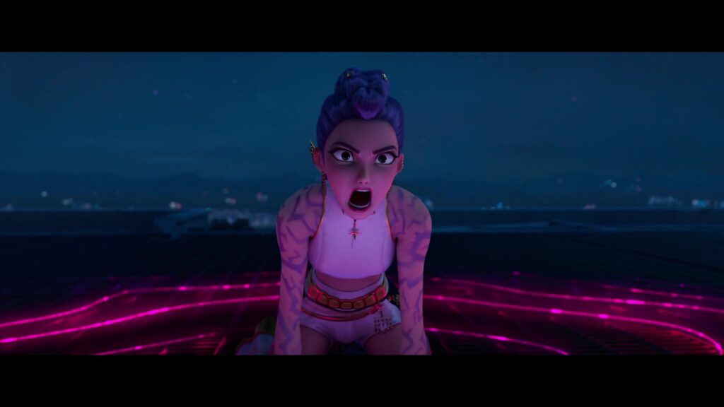 Rumi screaming alone on a rooftop, sending pink ripples through the honmoon